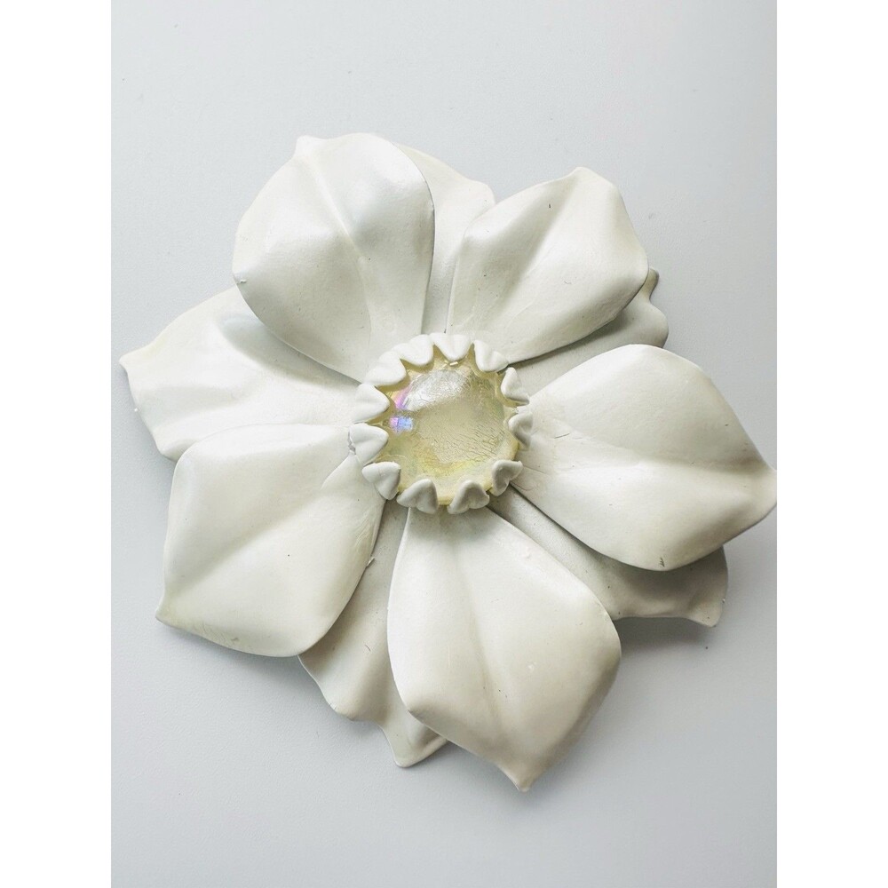 Vintage Signed White Flower Brooch Large 3”